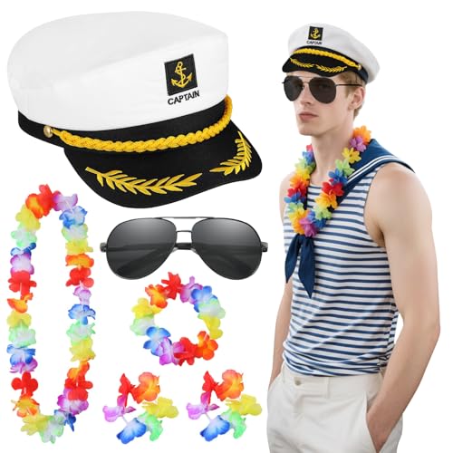 Glirop Kapitän-Kostüm-Set für Erwachsene, Seemannshut, Boots-Kostüm, Zubehör mit Yacht-Matrosenhut, Sonnenbrille, hawaiianische Leis für Damen und Herren, Strandparty, Karneval, Cosplay, 6-teilig Glirop Kapitän-Kostüm-Set für Erwachsene, Seemannshut, Boots-Kostüm, Zubehör mit Yacht-Matrosenhut, Sonnenbrille, hawaiianische Leis für Damen und Herren, Strandparty, Karneval, Cosplay, 6-teilig von Glirop