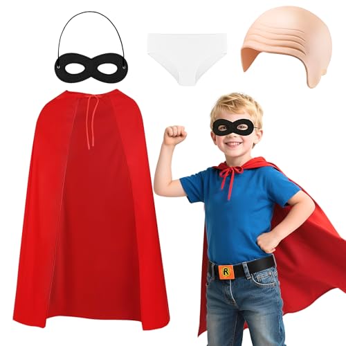 Glirop Kinder Dress Up Set: leuchtend roter Umhang, geheimnisvolle Maske & Basic weiße Unterwäsche von Glirop
