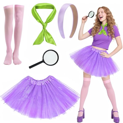 Glirop Kinderkleid-Set – 70 cm rosa Strumpfhose, 60 x 60 cm grünes Bandana, 2 cm breites Stirnband und 40 cm lila Tutu-Rock von Glirop