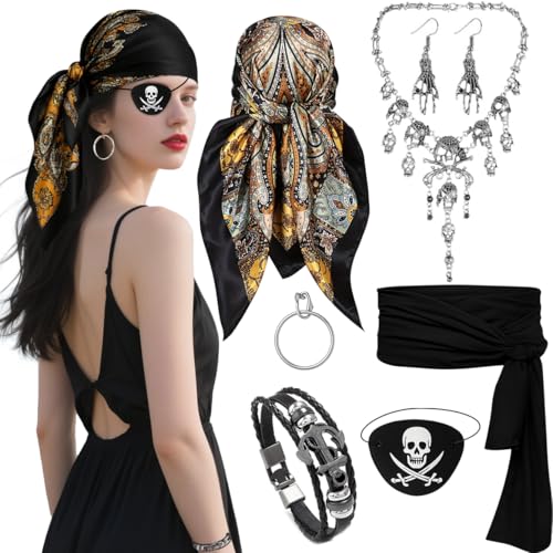 Glirop Piraten-Zubehör für Damen, Piraten-Outfit, Kapitän-Kostüm mit Bandana-Schärpe, Augenklappe, Halskette, Armband, Ohrring für Erwachsene, Mittelalter, Halloween, Cosplay, Kostümparty, 7 Stück Glirop Piraten-Zubehör für Damen, Piraten-Outfit, Kapitän-Kostüm mit Bandana-Schärpe, Augenklappe, Halskette, Armband, Ohrring für Erwachsene, Mittelalter, Halloween, Cosplay, Kostümparty, 7 Stück von Glirop