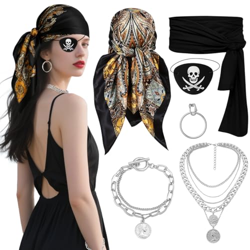 Glirop Piratenkostüm-Zubehör-Set für Damen, Kapitän-Outfit, Piratenkostüm mit Bandana-Schärpe, Augenklappe, Halskette, Armband, Ohrring für Erwachsene, Mittelalter, Halloween, Cosplay, Kostümparty, 6 Glirop Piratenkostüm-Zubehör-Set für Damen, Kapitän-Outfit, Piratenkostüm mit Bandana-Schärpe, Augenklappe, Halskette, Armband, Ohrring für Erwachsene, Mittelalter, Halloween, Cosplay, Kostümparty, 6 von Glirop