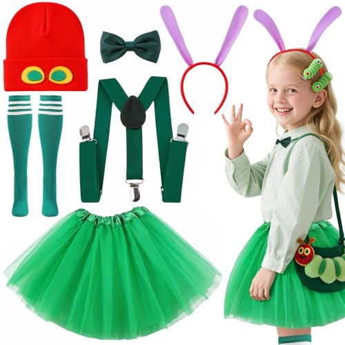 Glirop Raupen-Kostüm-Set für Kinder, Buchfigur, Kostüm-Set mit roter Beanie-Mütze, Stirnband, Tutu, Rock, Fliege, gestreifte Socken, Hosenträger für Mädchen, Welttag des Buches, Karneval, Cosplay, 6 Glirop Raupen-Kostüm-Set für Kinder, Buchfigur, Kostüm-Set mit roter Beanie-Mütze, Stirnband, Tutu, Rock, Fliege, gestreifte Socken, Hosenträger für Mädchen, Welttag des Buches, Karneval, Cosplay, 6 von Glirop