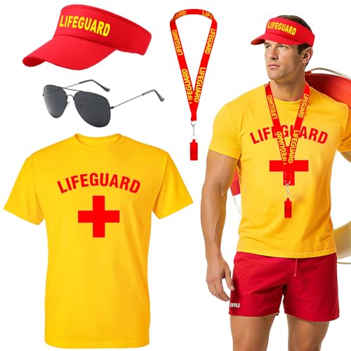 Glirop Rettungsschwimmer-Kostüm-Set, Rettungsschwimmer-Kostüm, inklusive T-Shirt, Hut, Pfeife, Sonnenbrille, Strandkostüm, Zubehör für Damen und Herren, Pool-Party, Halloween, Cosplay (Stil A, 2XL) von Glirop