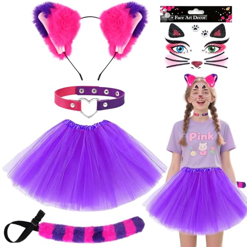 Glirop Violettes Fuchskostüm für Damen, rosa Katzen-Verkleidungsset mit Tutu-Rock, Stirnband, Choker, gestreifter Schwanz, Gesicht, Tattoo, flauschiges Tier-Kostüm für Mädchen, Halloween, Party Glirop Violettes Fuchskostüm für Damen, rosa Katzen-Verkleidungsset mit Tutu-Rock, Stirnband, Choker, gestreifter Schwanz, Gesicht, Tattoo, flauschiges Tier-Kostüm für Mädchen, Halloween, Party von Glirop