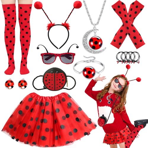 Marienkäfer-Kostüm für Kinder, Mädchen, Marienkäfer-Kostüm, Zubehör mit gepunktetem Tutu, Rock, Tasche, Armhandschuhen, Halsketten, Armbändern, Ohrringen, Brillen, Stirnband, Haarband für Halloween Marienkäfer-Kostüm für Kinder, Mädchen, Marienkäfer-Kostüm, Zubehör mit gepunktetem Tutu, Rock, Tasche, Armhandschuhen, Halsketten, Armbändern, Ohrringen, Brillen, Stirnband, Haarband für Halloween von Glirop