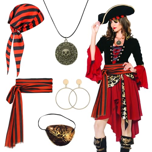 Piratenkostüm-Zubehör, Mittelalter-Banda-Set, Renaissance-Kapitän, Rollenspiel-Set mit gestreiftem Kopftuch, Schärpe, goldene Halskette, Armband, Augenklappe, Ohrring für Damen, Herren, Halloween, Piratenkostüm-Zubehör, Mittelalter-Banda-Set, Renaissance-Kapitän, Rollenspiel-Set mit gestreiftem Kopftuch, Schärpe, goldene Halskette, Armband, Augenklappe, Ohrring für Damen, Herren, Halloween, von Glirop