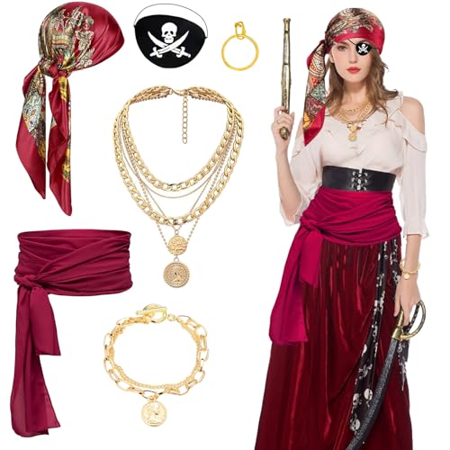 Piratenkostüm-Zubehör, mittelalterliches Bandana-Set, Renaissance-Kapitän, Rollenspiel-Set mit Kopftuch, burgunderrote Schärpe, goldene Halskette, Armband, Augenklappe, Ohrringe für Damen, Herren, Piratenkostüm-Zubehör, mittelalterliches Bandana-Set, Renaissance-Kapitän, Rollenspiel-Set mit Kopftuch, burgunderrote Schärpe, goldene Halskette, Armband, Augenklappe, Ohrringe für Damen, Herren, von Glirop
