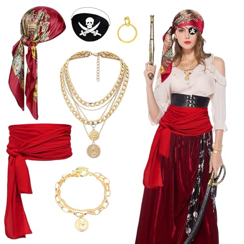 Piratenkostüm-Zubehör, mittelalterliches Bandana-Set, Renaissance-Kapitän, Rollenspiel-Set mit leuchtendem Kopftuch, Schärpe, goldene Halskette, Armband, Augenklappe, Ohrring für Damen, Herren, Piratenkostüm-Zubehör, mittelalterliches Bandana-Set, Renaissance-Kapitän, Rollenspiel-Set mit leuchtendem Kopftuch, Schärpe, goldene Halskette, Armband, Augenklappe, Ohrring für Damen, Herren, von Glirop