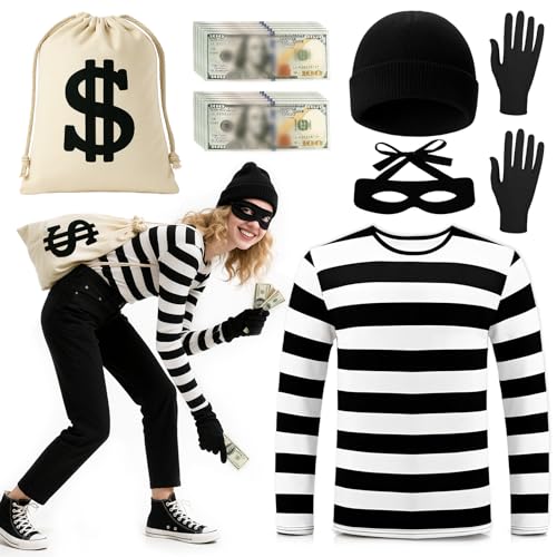 Räuber-Kostüm-Set für Erwachsene, Einbrecher-Kostüm-Set mit schwarz-weiß gestreiftem T-Shirt, Dieb, Beanie, Handschuhen, Augenmaske, Leinwand, Geldbeutel, Requisiten für Damen, Herren, Cosplay von Glirop