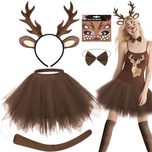 Rentier-Kostüm-Set für Damen, schickes Hirsch-Zubehör mit Geweih, Stirnband, Gesichtsaufkleber, Tutu, Rock, Fliege, Schwanz, Socken für Erwachsene, Kinder, Halloween, Weihnachten, Karneval, Cosplay Rentier-Kostüm-Set für Damen, schickes Hirsch-Zubehör mit Geweih, Stirnband, Gesichtsaufkleber, Tutu, Rock, Fliege, Schwanz, Socken für Erwachsene, Kinder, Halloween, Weihnachten, Karneval, Cosplay von Glirop
