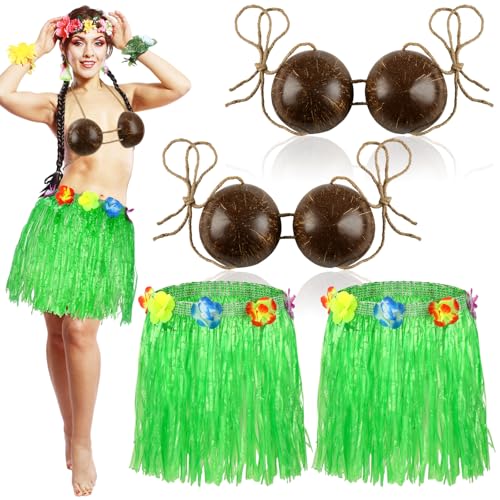 Glitopper 2er-Set Kokos-BH-Hula-Grasrock mit Blumen, Hawaii-Kostüm-Set, Tanz-Leis-Outfit für Damen, Luau-Partyzubehör (40 cm) von Glitopper
