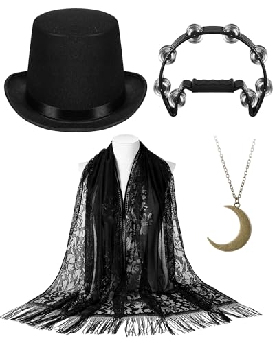 Glitopper 4-teiliges Punk-Hut-Kostüm-Set, Zylinder, Schal, Tamburin, Mond-Halskette für Frauen, Parade, Cosplay, Tanzaufführung, Aufführung Glitopper 4-teiliges Punk-Hut-Kostüm-Set, Zylinder, Schal, Tamburin, Mond-Halskette für Frauen, Parade, Cosplay, Tanzaufführung, Aufführung von Glitopper