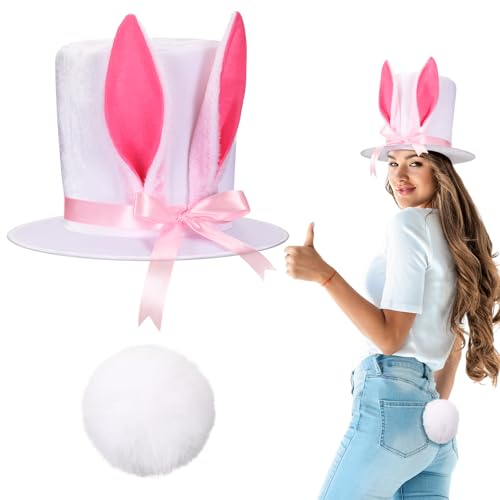 Glitopper Bunny Ear Top Hat Bunny Tail Set White Plush Bunny Costume for Women Pink Ribbon Rabbit Hat for Easter Halloween Carnival Cosplay Accessory Glitopper Bunny Ear Top Hat Bunny Tail Set White Plush Bunny Costume for Women Pink Ribbon Rabbit Hat for Easter Halloween Carnival Cosplay Accessory von Glitopper