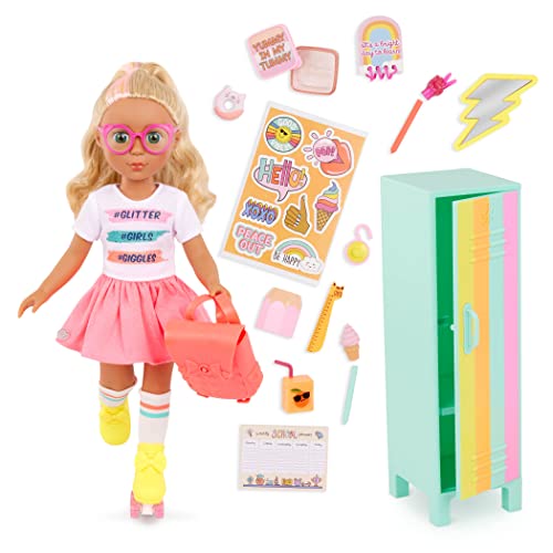 Glitter Girls – Deluxe Puppe Sunnie & Schließfach – 36 cm Puppe, Puppenkleidung, Zubehör – Blonde Haare zum Frisieren & Grüne Augen – Rollschuhe & Puppenzubehör – Spielzeug für Kinder ab 3 Jahren von Glitter Girls