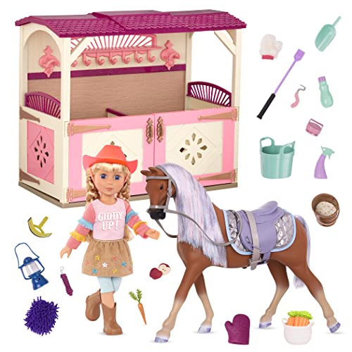 Glitter Girls Pferdestall mit Cowgirl Floe, Pferd und Zubehör – Puppenzubehör für 36 cm Puppen mit Zaumzeug, Sattel, Scheune – Puppenhaus Accessoires, Spielzeug für Kinder ab 3 Jahren von Glitter Girls