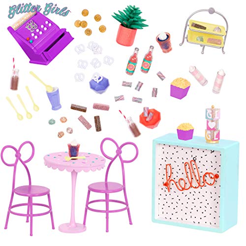Glitter Girls Puppenzubehör – Café Terrasse Zubehör Set für den Süßwarenladen mit Möbeln, Kasse, Essen für 36 cm Puppen – Spielzeug für Kinder ab 3 Jahren von Glitter Girls
