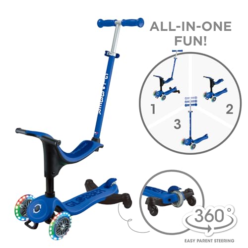 GLOBBER GO-UP Sporty Lights 360, 3-in-1 Kinderfahrzeug, 15+ Monate, Höhenverstellbare Lenkstange, Blau, LED-Leuchtrollen, 20kg/50kg, 3-Räder, PU-Rollen, Aluminium-Rahmen von Globber