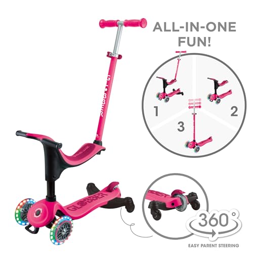 GLOBBER GO-UP Sporty Lights 360, 3-in-1 Kinderfahrzeug, 15+ Monate, Höhenverstellbare Lenkstange, Pink, LED-Leuchtrollen, 20kg/50kg, 3-Räder, Aluminium-Rahmen von Globber