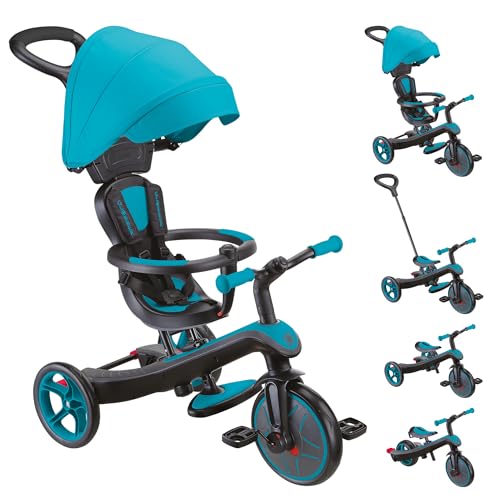 GLOBBER Explorer Trike 4in1 Pro in Türkis – Dreirad, Laufrad und Kinderwagen in 10/8,5 Zoll – TPR-Sitz – höhenverstellbares Kinderfahrzeug von Globber