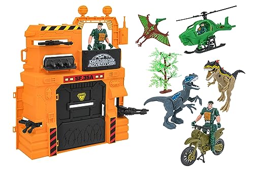 Globo Dinosaurier Adventure 41802 - Dinosaurier Playset und Verteidigungsstation - Fahrzeuge, Soldaten und Dinosaurier inklusive Spielzeug von Globo