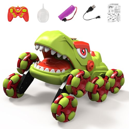 Glomora Fernbedienungsstunt -Auto, simuliertes Dinosaurier -Spray, 2,4 GHz 360 ° rotierende Elektroauto -Spielsachen mit Lichtern, Klang und Sprühfunktion für Kinder Jungen Mädchen (Green) von Glomora