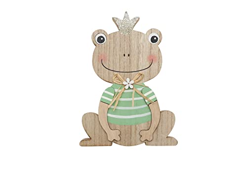 GLOREX 6 1860 403 - Holzfrosch, Figur zum Hinstellen mit grünem Shirt, ca. 9,5 x 14 x 2 cm, dekoriert mit Blume und glitzernder Krone von Glorex