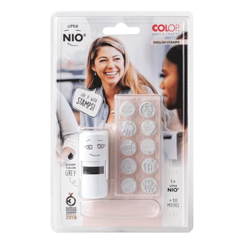 Glorex 6 2248 120 120-Colop Stempel Set von Little Nio mit 10 austauschbaren Motiven, Design Englisch, Stempelkissen mit Grauer Tinte, zum Verzieren von Gegenständen, Geschenken und Karten, weiß von Glorex