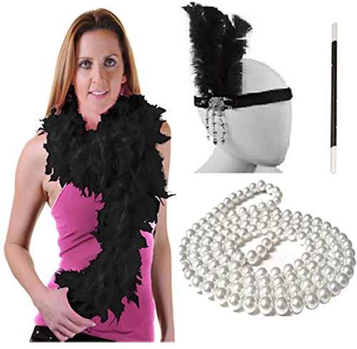 Glossy Look Flapper-Zubehör für Damen, Kopfband, Federboa, Perle, Kostüm, Schwarz, 4-teiliges Set von Glossy Look