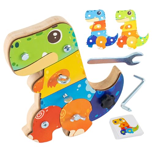 Glugahrif Sensorische Tafel, Dinosaurier-sensorisches Brett, sensorisches Brett aus Dinosaurier-Holz, vielseitiges niedliches Schraubspielzeug, buntes Lernspielzeug für die Hand-Augen-Koordination von Glugahrif
