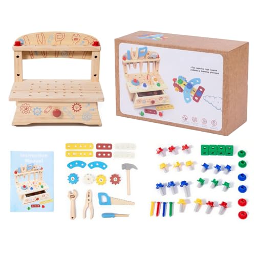 Glugahrif Werkzeug-Set für Kleinkinder | Baubank aus Holz, Spielzeug, Lernspielzeug, Lernspielzeug, Haus, Schule, Geburtstag, Reisen, Spiel im Freien und im Innenbereich von Glugahrif