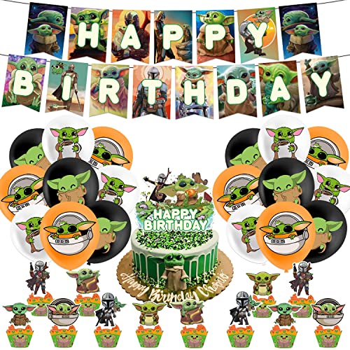 Glurak Star Wars Yoda Ballon Kit für Kinder Geburtstag Party Dekoration mit Happy Birthday Banner und Kuchen Toppers. Yoda Kinder Geburtstag Zubehör für Mädchen Baby Dusche und Feiern von Glurak