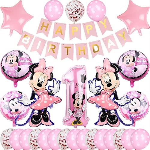 Minnie Ballon Kit für 1-jähriges Mädchen Kinder Geburtstag Party Dekoration mit Happy Birthday Banner, Minnie Kinder 1.2. Geburtstag Zubehör für Mädchen Baby Dusche und Feiern von Glurak