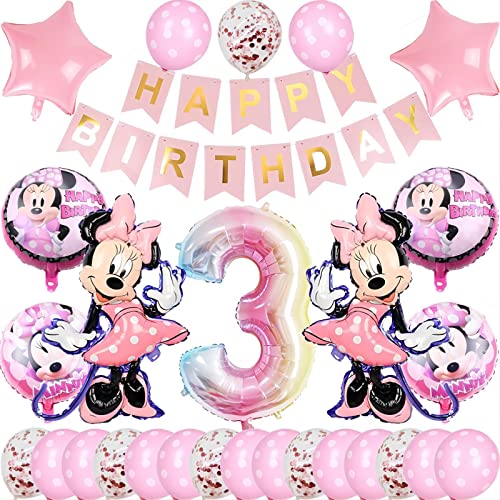 Minnie Ballon Kit für 3-jähriges Mädchen Kinder Geburtstag Party Dekoration mit Happy Birthday Banner, Minnie Kinder 2.3.4. Geburtstag Zubehör für Mädchen Baby Dusche und Feiern von Glurak