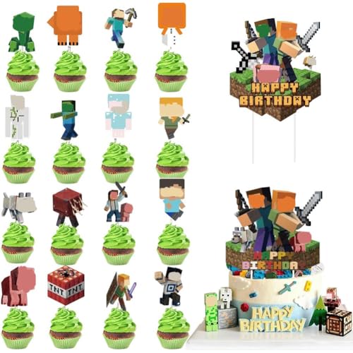 32 Stück Pixe Minenwelt Set Tortendeko，Video Game Kuchen Deko Kindergeburtstag, Cartoon Mini Tortenfiguren für Jungen Geburtstag Party Kuchen Dekoration Supplie von GlymzToy