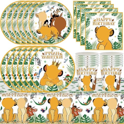 69pcs Lion Party Geschirr Set,King Party Tableware, Children's Birthday Tableware Kit including Plate, Paper Cup, Handkerchief,Tischdecken von GlymzToy