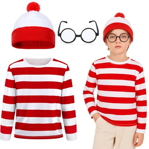 3-teiliges rot-weiß gestreiftes Hemd und Hut, Halloween-Kostüme, Cosplay-Anzüge mit Brille, Outfit-Anzug-Set (120) von Glynisyz
