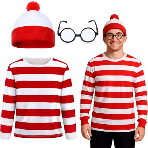 3-teiliges rot-weiß gestreiftes Hemd und Hut für Herren, Halloween-Kostüme für Erwachsene, Cosplay-Anzüge mit Brille, Outfit-Anzug-Set (S) von Glynisyz
