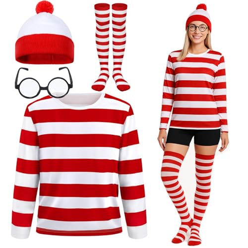 4-teiliges rot-weiß gestreiftes Hemd und Hut für Damen, Halloween-Kostüme, Cosplay-Anzüge mit Brille, Outfit-Set, Rot und weiß, M 4-teiliges rot-weiß gestreiftes Hemd und Hut für Damen, Halloween-Kostüme, Cosplay-Anzüge mit Brille, Outfit-Set, Rot und weiß, M von Glynisyz