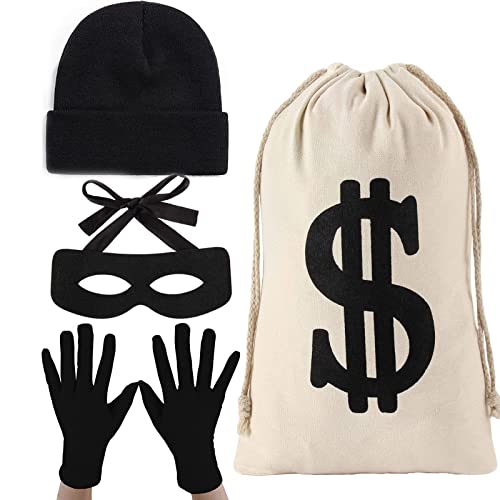 Glynisyz 4-teiliges Räuber-Kostüm-Set für Halloween, Cosplay, Einbrecher, Piratendieb, Themenparty, inklusive Segeltuch, Dollarzeichen, Geldbeutel, Banditen-Augenmaske, Strickmütze, Beanie-Mütze für Glynisyz 4-teiliges Räuber-Kostüm-Set für Halloween, Cosplay, Einbrecher, Piratendieb, Themenparty, inklusive Segeltuch, Dollarzeichen, Geldbeutel, Banditen-Augenmaske, Strickmütze, Beanie-Mütze für von Glynisyz