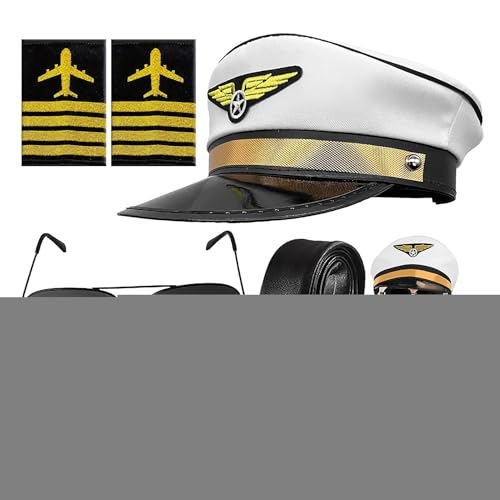Gmokluytw Aviation Pilot Kostüm Set - Flugzeugkapitän Verkleidung - Hutzubehör, Fliegerbrille, Krawatte, Gurte, Abzeichen - für Halloween, Cosplay, Party, Rollenspiele von Gmokluytw