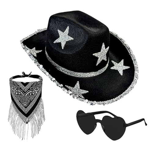 Gmokluytw Bling Cowboyhüte für Damen | 3 x klassischer Glitzer-Cowboyhut mit Sonnenbrille – Halloween-Party-Kostüm, Cosplay-Zubehör-Set für Damen und Herren Gmokluytw Bling Cowboyhüte für Damen | 3 x klassischer Glitzer-Cowboyhut mit Sonnenbrille – Halloween-Party-Kostüm, Cosplay-Zubehör-Set für Damen und Herren von Gmokluytw