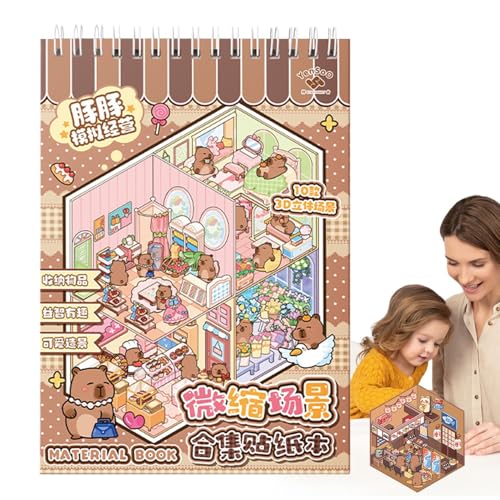 Miniatur-Szenen-Stickerbuch – 3D-Capybara-Aufkleber Mit Tiefeneffekt – -Bastelset Ohne Schneiden Für Kinder – Kreative Landschaftsgestaltung, Lernspiel Aus PET-Papier, 12 Sticker + 10 Szenen von Gmokluytw