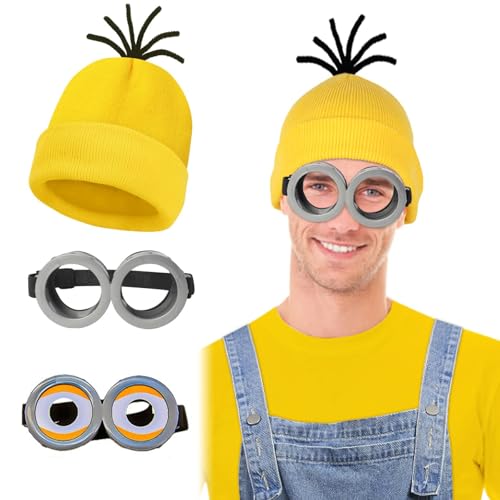 GmwyCzV 3 Stück Minion Kostüm Zubehör, Halloween Cosplay, Faschingskostüm Ich - Einfach Unverbesserlich, Steampunk Brille, Schwarze Handschuhe und Gelbe Beanie Hüte, für Damen Herren Kinder GmwyCzV 3 Stück Minion Kostüm Zubehör, Halloween Cosplay, Faschingskostüm Ich - Einfach Unverbesserlich, Steampunk Brille, Schwarze Handschuhe und Gelbe Beanie Hüte, für Damen Herren Kinder von GmwyCzV