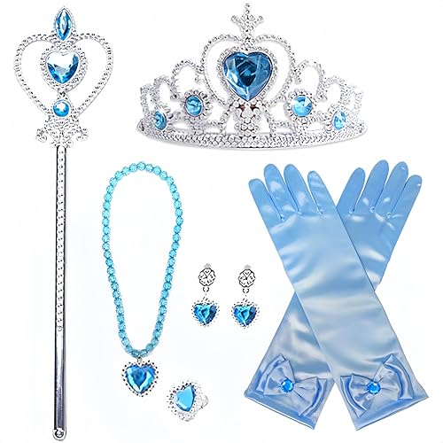 Gnepief Prinzessin Kostüm Accessoires Set, 7-teilig, Krone, Zauberstab, Hellblaue Handschuhe (Blau) von Gnepief