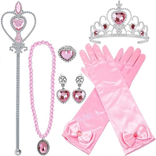 Gnepief Prinzessin Kostüm Accessoires Set, 7-teilig, Krone, Zauberstab, Hellblaue Handschuhe (Rosa) von Gnepief
