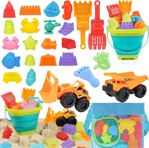 Gnepief Sandspielzeug-Set für Kinder, 26-teilig, Baustellen-Fahrzeuge, Faltbarer Eimer, Sandformen, mit Netztasche Gnepief Sandspielzeug-Set für Kinder, 26-teilig, Baustellen-Fahrzeuge, Faltbarer Eimer, Sandformen, mit Netztasche von Gnepief