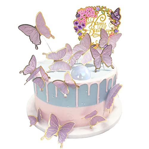 16 pcs Kuchen Topper,Happy Birthday Cake Topper,Acryl,Kuchen,Cupcake,Kuchendekoration Schmetterling zum Geburtstag,Hochzeit,Babyparty,Mädchen – Violett von GoGou