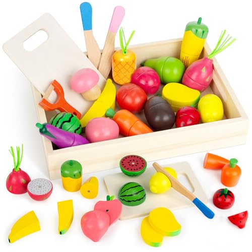 GoPlacs Kinderküche Spielküche Zubehör aus Holz Küchenspielzeug zum Schneiden mit Klett Verbindung Obst Gemüse und Fleisch Kochsimulation Lernspielzeug Rollenspiele Geschenk von GoPlacs
