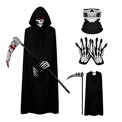 Gobesty Sensenmann Kostüm Herren, Halloween Umhang, Reaper Kostüm, 4-teiliges Tod Kostüm Set mit Mantel, Requisiten Sense, Handschuhe, Holographische Totenkopfmaske, für Erwachsene Cosplay, Schwarz von Gobesty