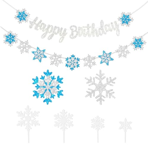 Schneeflocken-Geburtstagsdeko-Set Happy Birthday-Flagge Schneeflockenförmiger Torteneinsatz Schneeflocken-Geburtstagsdeko-Set Happy Birthday-Flagge Schneeflockenförmiger Torteneinsatz von Godneei